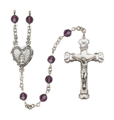 Handmade Sterling Silver Rosary with Miraculous Heart Centerpiece, Heart Crucifix and Amethyst 6mm Round Austrian Crystal beads, Bliss Manufacturing