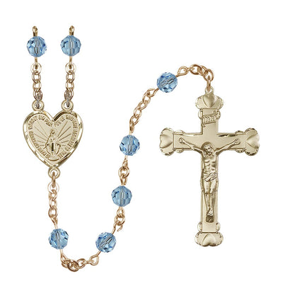Handmade 14kt Gold Rosary with Miraculous Heart Centerpiece, Heart Crucifix and Aqua 6mm Round Austrian Crystal beads, Bliss Manufacturing