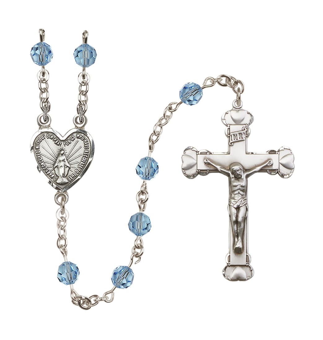 Bliss Handmade Sterling Silver Rosary with Miraculous Heart Centerpiece, Heart Crucifix and Aqua 6mm Round Austrian Crystal beads.