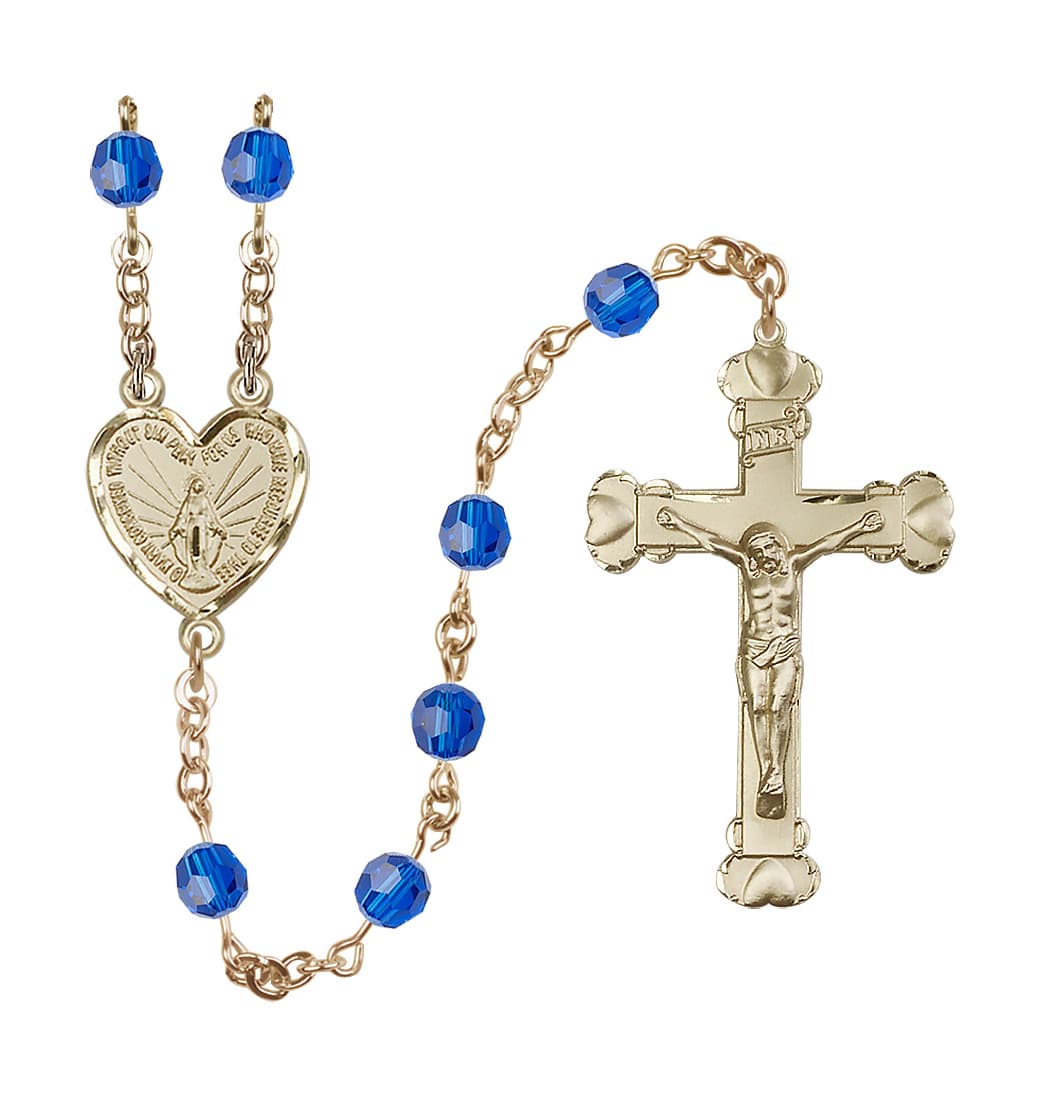 Bliss Handmade Gold-filled Rosary with Miraculous Heart Centerpiece, Heart Crucifix and Capri Blue 6mm Round Austrian Crystal beads.