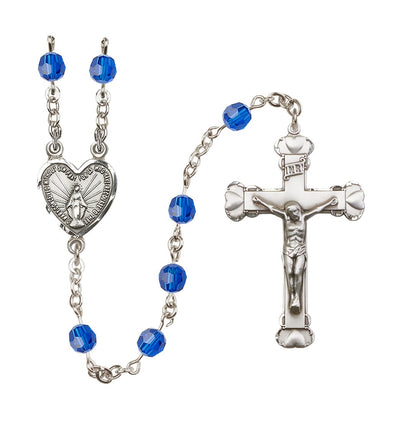Handmade Sterling Silver Rosary with Miraculous Heart Centerpiece, Heart Crucifix and Capri Blue 6mm Round Austrian Crystal beads, Bliss Manufacturing
