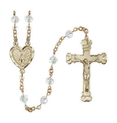 Handmade 14kt Gold Rosary with Miraculous Heart Centerpiece, Heart Crucifix and Clear 6mm Round Austrian Crystal beads, Bliss Manufacturing