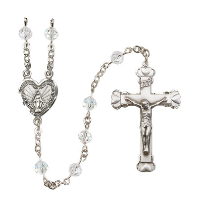 Handmade Sterling Silver Rosary with Miraculous Heart Centerpiece, Heart Crucifix and Clear 6mm Round Austrian Crystal beads, Bliss Manufacturing
