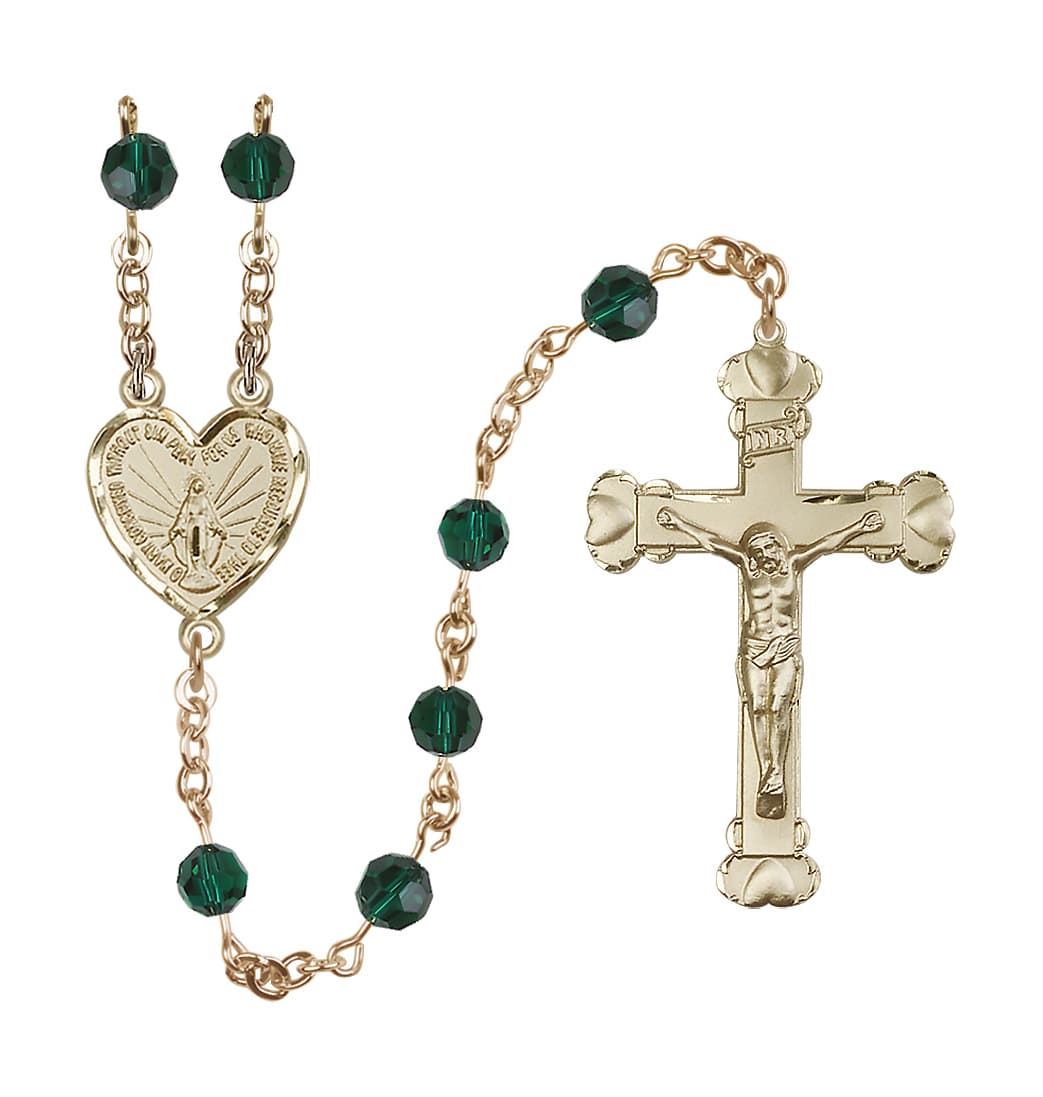 Bliss Handmade 14kt Gold Rosary with Miraculous Heart Centerpiece, Heart Crucifix and Emerald 6mm Round Austrian Crystal beads.