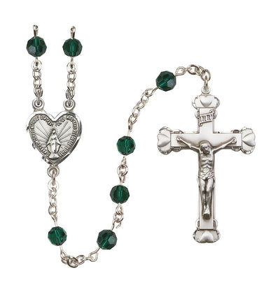 Handmade Sterling Silver Rosary with Miraculous Heart Centerpiece, Heart Crucifix and Emerald 6mm Round Austrian Crystal beads, Bliss Manufacturing