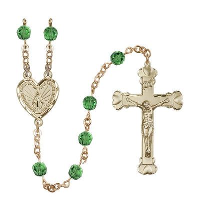 Handmade 14kt Gold Rosary with Miraculous Heart Centerpiece, Heart Crucifix and Erinite 6mm Round Austrian Crystal beads, Bliss Manufacturing
