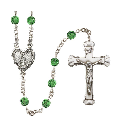 Handmade Sterling Silver Rosary with Miraculous Heart Centerpiece, Heart Crucifix and Erinite 6mm Round Austrian Crystal beads, Bliss Manufacturing