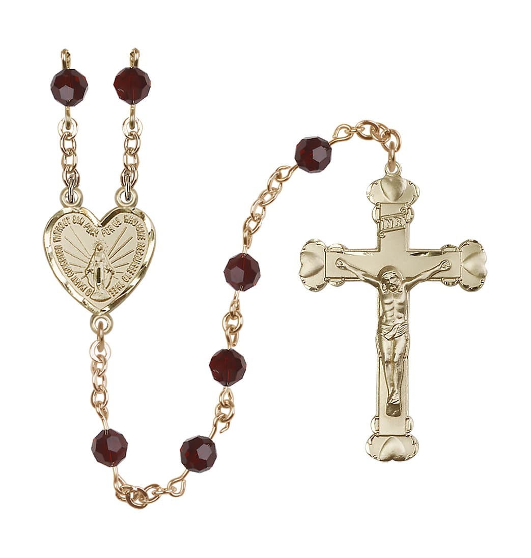 Bliss Handmade 14kt Gold Rosary with Miraculous Heart Centerpiece, Heart Crucifix and Garnet 6mm Round Austrian Crystal beads.