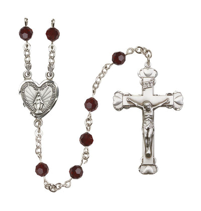 Handmade Sterling Silver Rosary with Miraculous Heart Centerpiece, Heart Crucifix and Garnet 6mm Round Austrian Crystal beads, Bliss Manufacturing