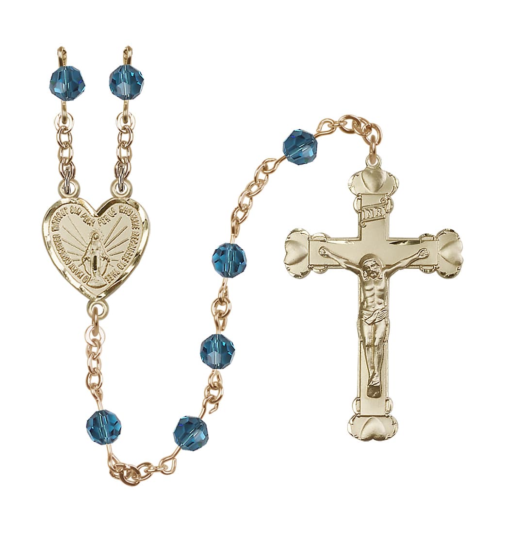 Bliss Handmade 14kt Gold Rosary with Miraculous Heart Centerpiece, Heart Crucifix and Indocolite 6mm Round Austrian Crystal beads.