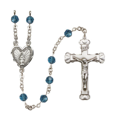 Handmade Sterling Silver Rosary with Miraculous Heart Centerpiece, Heart Crucifix and Indocolite 6mm Round Austrian Crystal beads, Bliss Manufacturing