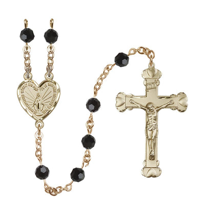 Handmade 14kt Gold Rosary with Miraculous Heart Centerpiece, Heart Crucifix and Jet Black 6mm Round Austrian Crystal beads, Bliss Manufacturing