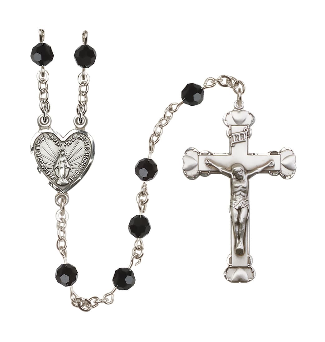 Bliss Handmade Sterling Silver Rosary with Miraculous Heart Centerpiece, Heart Crucifix and Jet Black 6mm Round Austrian Crystal beads.