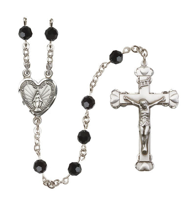 Handmade Sterling Silver Rosary with Miraculous Heart Centerpiece, Heart Crucifix and Jet Black 6mm Round Austrian Crystal beads, Bliss Manufacturing