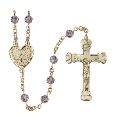 Handmade 14kt Gold Rosary with Miraculous Heart Centerpiece, Heart Crucifix and Light Amethyst 6mm Round Austrian Crystal beads, Bliss Manufacturing