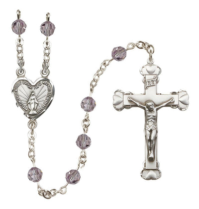 Handmade Sterling Silver Rosary with Miraculous Heart Centerpiece, Heart Crucifix and Light Amethyst 6mm Round Austrian Crystal beads, Bliss Manufacturing