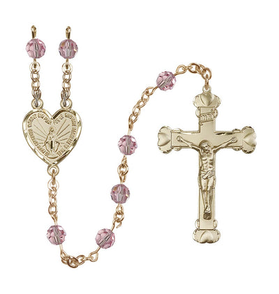 Handmade Gold-filled Rosary with Miraculous Heart Centerpiece, Heart Crucifix and Light Rose 6mm Round Austrian Crystal beads, Bliss Manufacturing