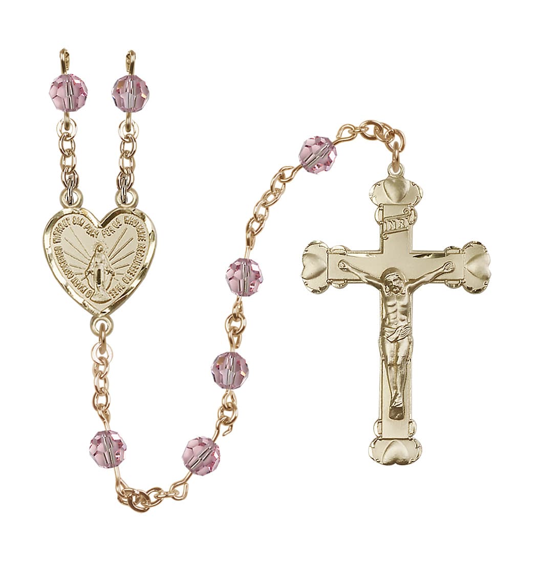 Bliss Handmade 14kt Gold Rosary with Miraculous Heart Centerpiece, Heart Crucifix and Light Rose 6mm Round Austrian Crystal beads.