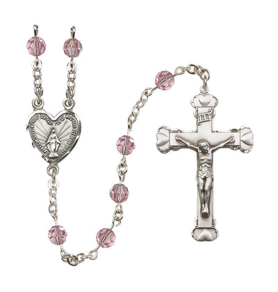 Handmade Sterling Silver Rosary with Miraculous Heart Centerpiece, Heart Crucifix and Light Rose 6mm Round Austrian Crystal beads, Bliss Manufacturing