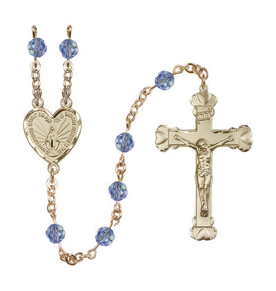 Handmade 14kt Gold Rosary with Miraculous Heart Centerpiece, Heart Crucifix and Light Sapphire 6mm Round Austrian Crystal beads, Bliss Manufacturing