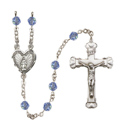 Handmade Sterling Silver Rosary with Miraculous Heart Centerpiece, Heart Crucifix and Light Sapphire 6mm Round Austrian Crystal beads, Bliss Manufacturing