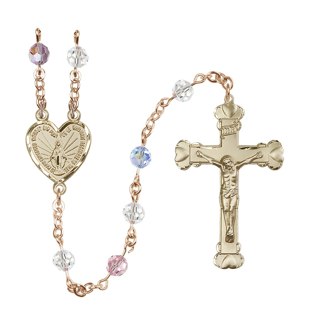 Bliss Handmade 14kt Gold Rosary with Miraculous Heart Centerpiece, Heart Crucifix and Multi-Color 6mm Round Austrian Crystal beads.