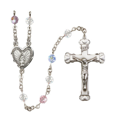 Handmade Sterling Silver Rosary with Miraculous Heart Centerpiece, Heart Crucifix and Multi-Color 6mm Round Austrian Crystal beads, Bliss Manufacturing
