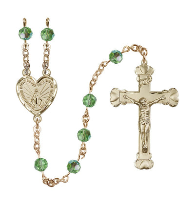 Handmade 14kt Gold Rosary with Miraculous Heart Centerpiece, Heart Crucifix and Peridot 6mm Round Austrian Crystal beads, Bliss Manufacturing