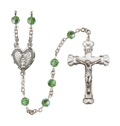 Handmade Sterling Silver Rosary with Miraculous Heart Centerpiece, Heart Crucifix and Peridot 6mm Round Austrian Crystal beads, Bliss Manufacturing