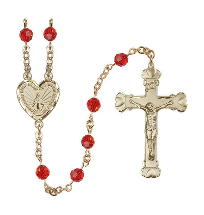 Handmade 14kt Gold Rosary with Miraculous Heart Centerpiece, Heart Crucifix and Ruby 6mm Round Austrian Crystal beads, Bliss Manufacturing