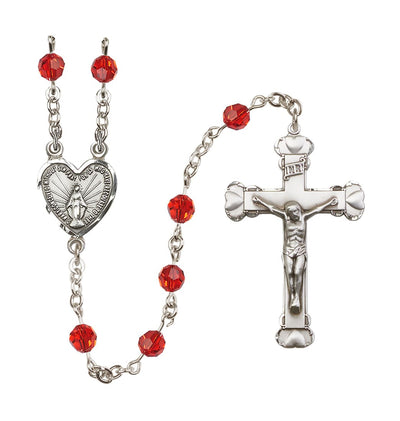 Handmade Sterling Silver Rosary with Miraculous Heart Centerpiece, Heart Crucifix and Ruby 6mm Round Austrian Crystal beads, Bliss Manufacturing