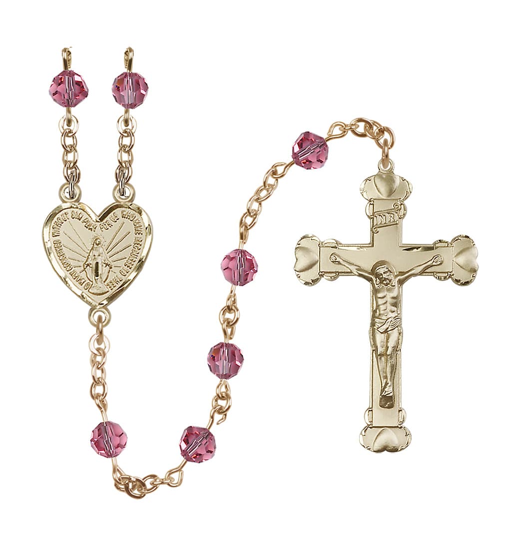 Bliss Handmade 14kt Gold Rosary with Miraculous Heart Centerpiece, Heart Crucifix and Rose 6mm Round Austrian Crystal beads.