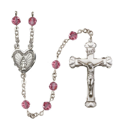 Handmade Sterling Silver Rosary with Miraculous Heart Centerpiece, Heart Crucifix and Rose 6mm Round Austrian Crystal beads, Bliss Manufacturing