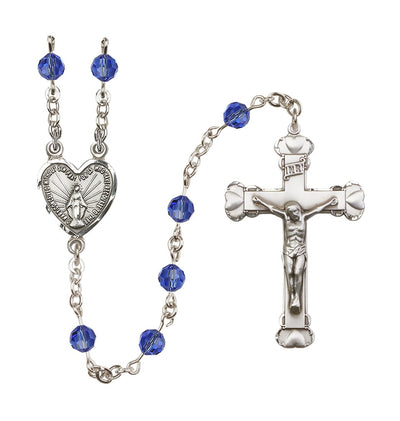 Handmade Sterling Silver Rosary with Miraculous Heart Centerpiece, Heart Crucifix and Sapphire 6mm Round Austrian Crystal beads, Bliss Manufacturing