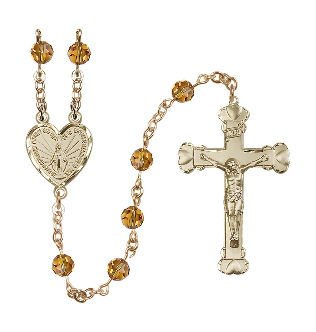 Bliss Handmade Gold-filled Rosary with Miraculous Heart Centerpiece, Heart Crucifix and Topaz 6mm Round Austrian Crystal beads.