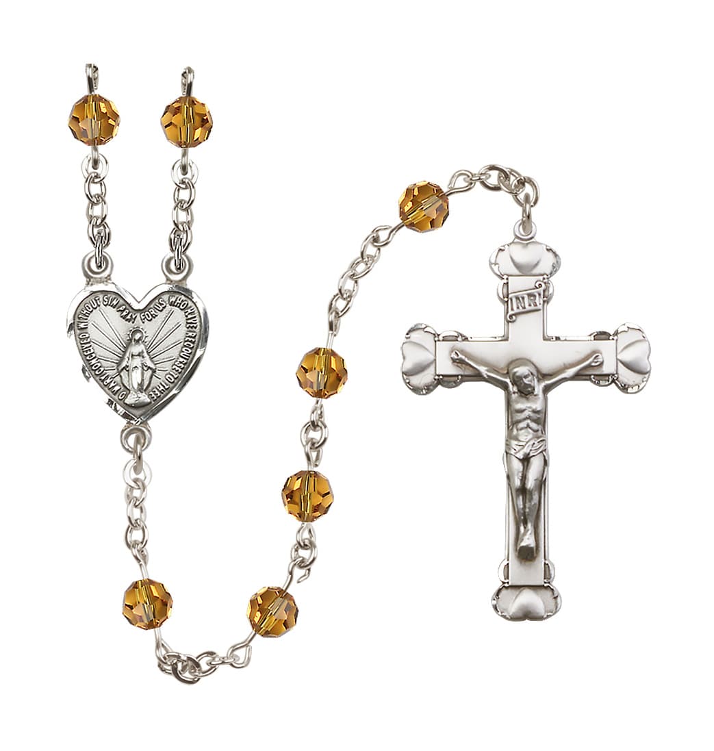 Bliss Handmade Sterling Silver Rosary with Miraculous Heart Centerpiece, Heart Crucifix and Topaz 6mm Round Austrian Crystal beads.