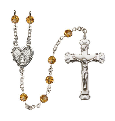 Handmade Sterling Silver Rosary with Miraculous Heart Centerpiece, Heart Crucifix and Topaz 6mm Round Austrian Crystal beads, Bliss Manufacturing