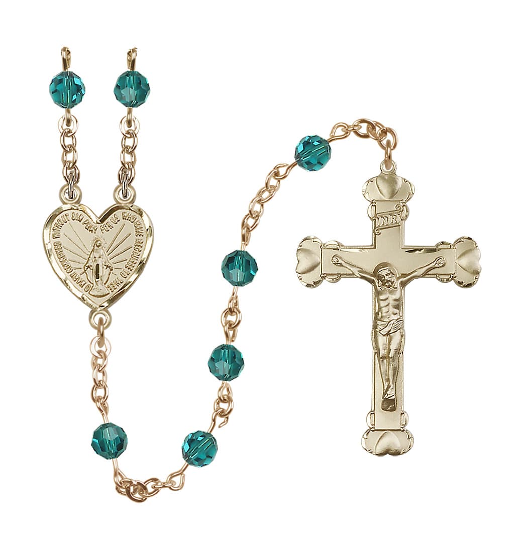 Bliss Handmade 14kt Gold Rosary with Miraculous Heart Centerpiece, Heart Crucifix and Zircon 6mm Round Austrian Crystal beads.
