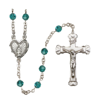 Handmade Sterling Silver Rosary with Miraculous Heart Centerpiece, Heart Crucifix and Zircon 6mm Round Austrian Crystal beads, Bliss Manufacturing