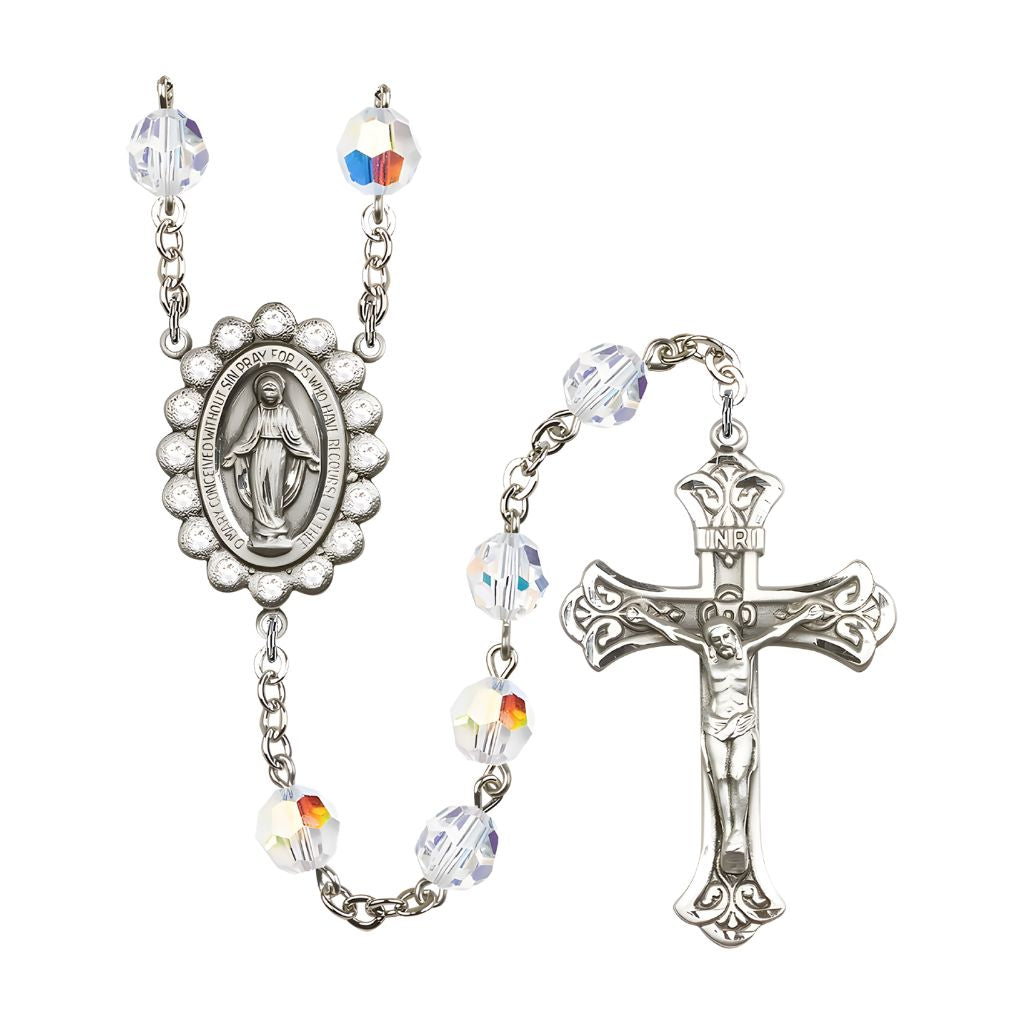 Bliss Miraculous Encircled Crystal Centerpiece Sterling Silver Rosary, handmade with 8mm Aurora Borealis Austrian Crystal beads, comes in gift box.