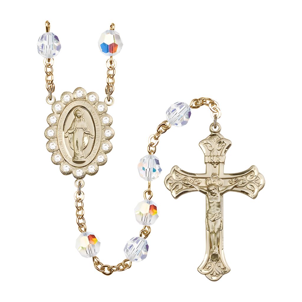 Bliss Miraculous Encircled Crystal Centerpiece 14kt Gold Rosary, handmade with 8mm Aurora Borealis Austrian Crystal beads, comes in gift box.