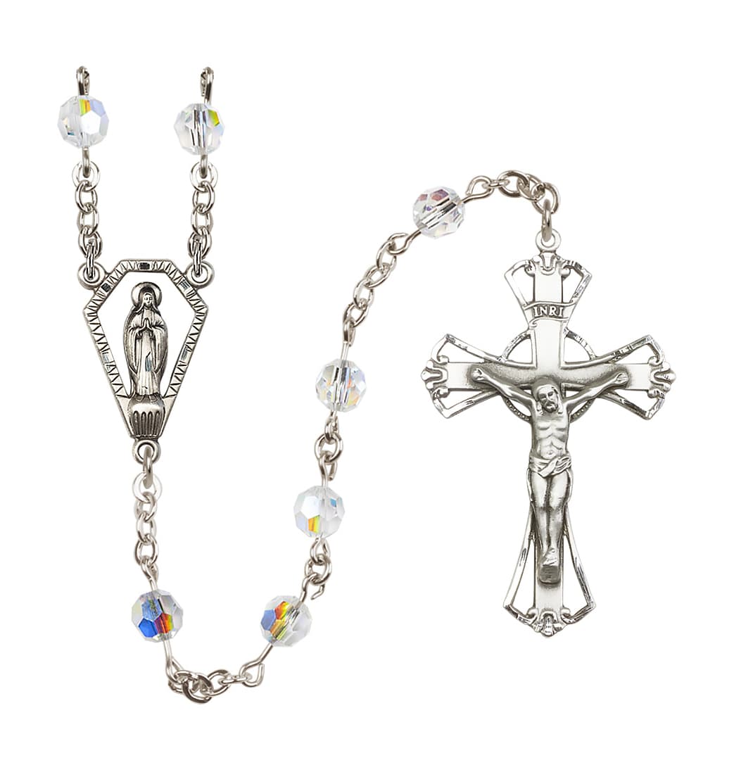 Bliss Sterling Silver 6mm Austrian Crystal Miraculous Rosary with Aurora Borealis in Crystal,