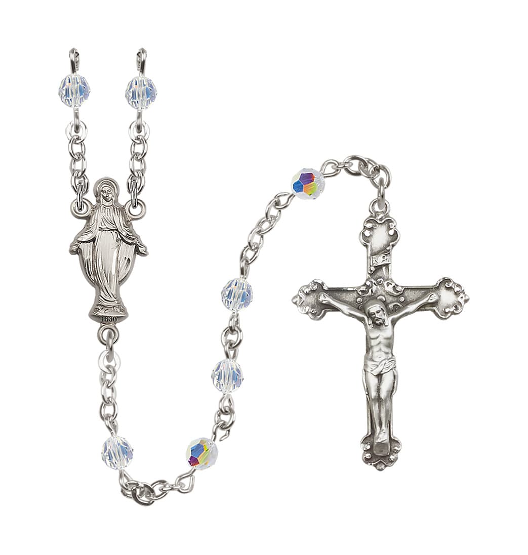 Bliss Miraculous Figure Shape Sterling Silver 5mm Austrian Crystal Miraculous Rosary with Aurora Borealis in Crystal,