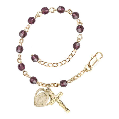 Bliss Rosary Bracelet with Gold-plated Crucifix and Heart Miraculous Medal, Birthstone 4mm Austrian Crystal Amethyst Beads for February