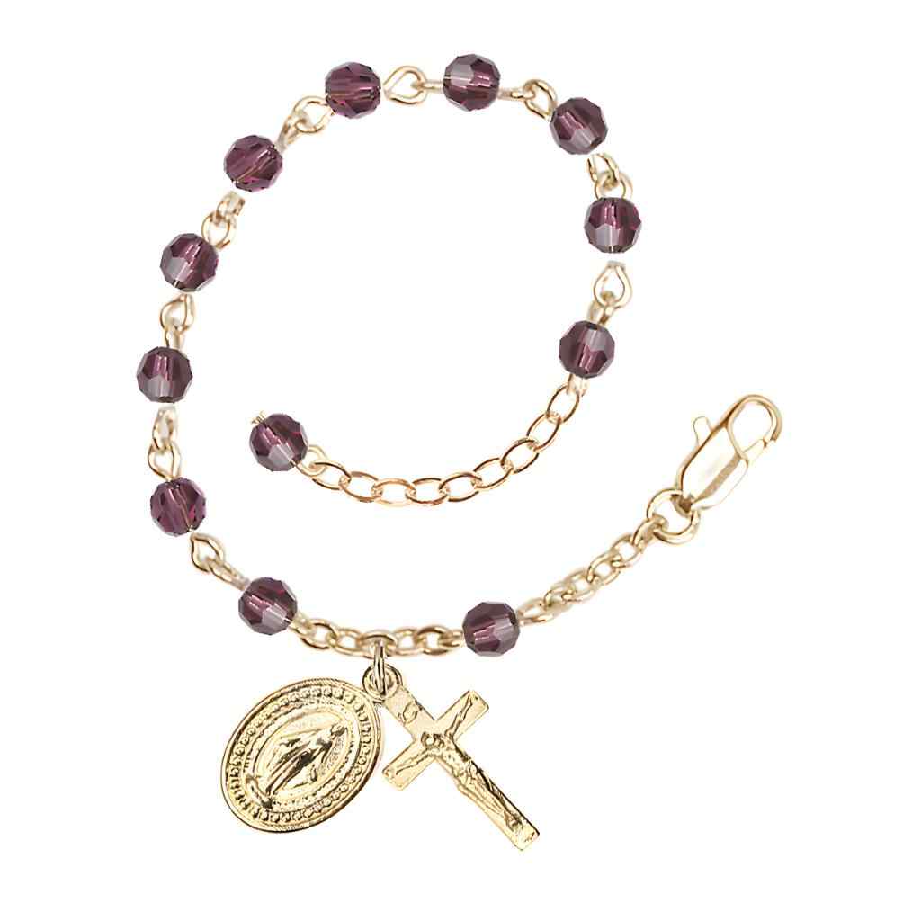 Bliss Rosary Bracelet with Gold-plated Crucifix and Miraculous Medal, Birthstone 4mm Austrian Crystal Amethyst Beads for February