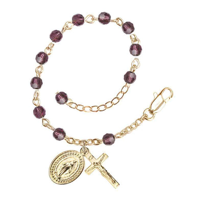 Bliss Rosary Bracelet with Gold-plated Crucifix and Miraculous Medal, Birthstone 4mm Austrian Crystal Amethyst Beads for February