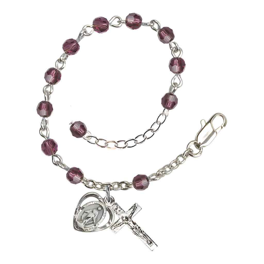 Bliss Rosary Bracelet with Silver-plated Crucifix and Heart Miraculous Medal, Birthstone 4mm Austrian Crystal Amethyst Beads for February