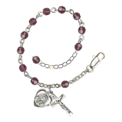 Bliss Rosary Bracelet with Silver-plated Crucifix and Heart Miraculous Medal, Birthstone 4mm Austrian Crystal Amethyst Beads for February