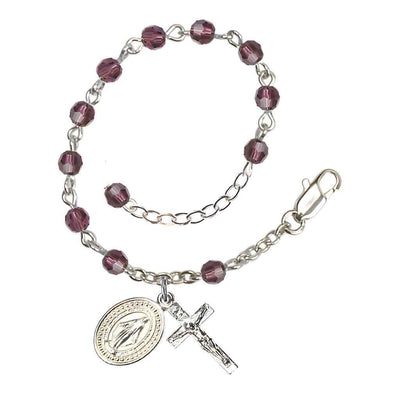Bliss Rosary Bracelet with Silver-plated Crucifix and Miraculous Medal, Birthstone 4mm Austrian Crystal Amethyst Beads for February