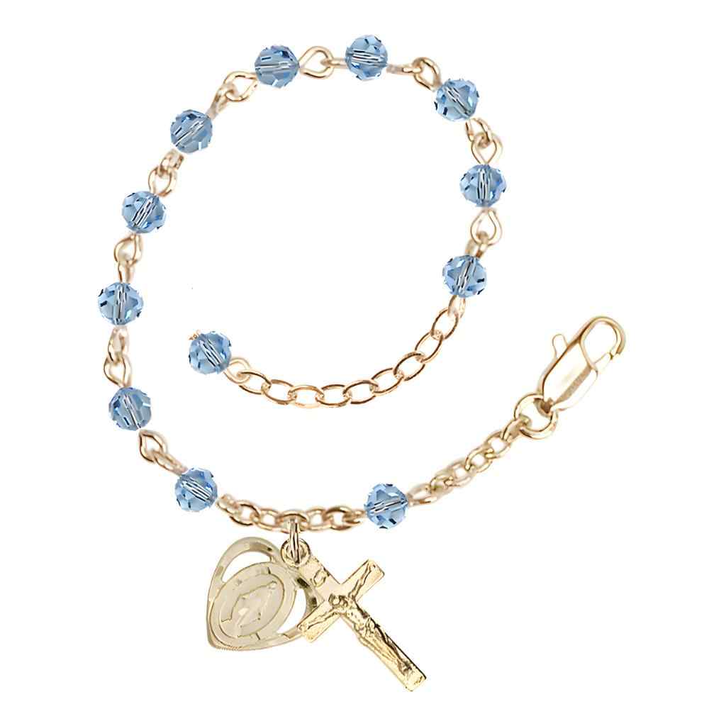 Bliss Rosary Bracelet with Gold-plated Crucifix and Heart Miraculous Medal, Birthstone 4mm Austrian Crystal Aqua Beads for March